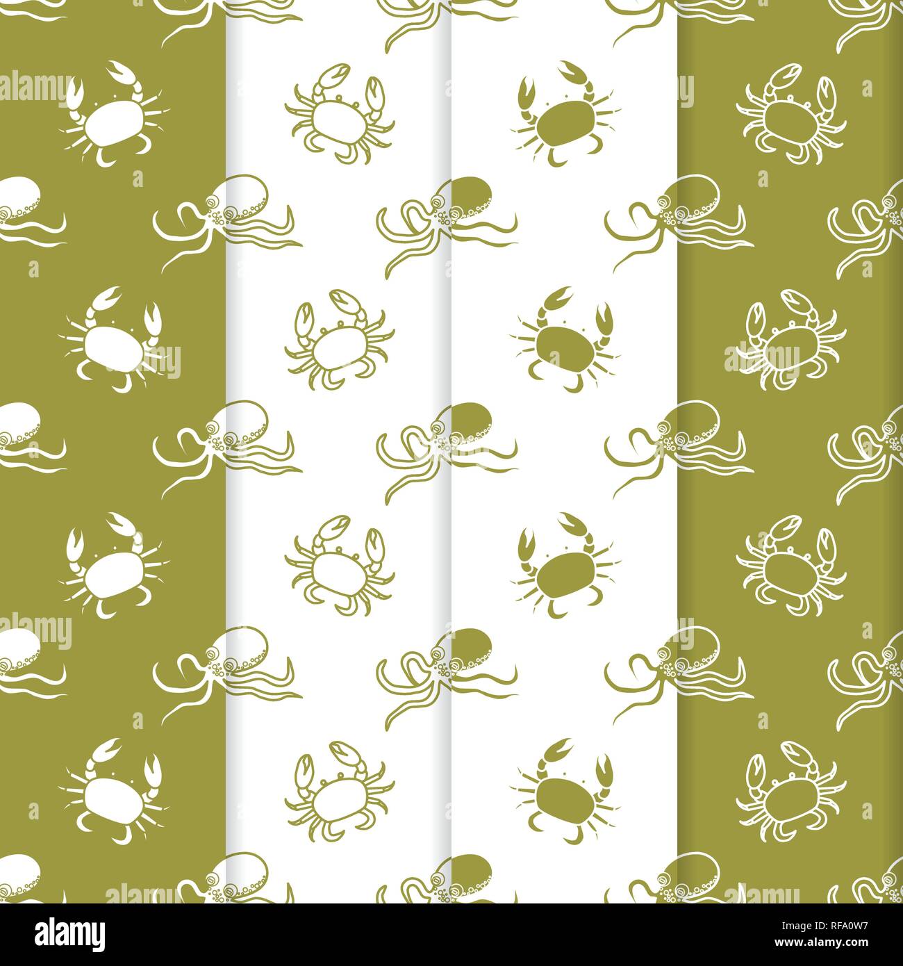 Set of 4 vector seamless pattern with octopuses and crabs. Sea ...