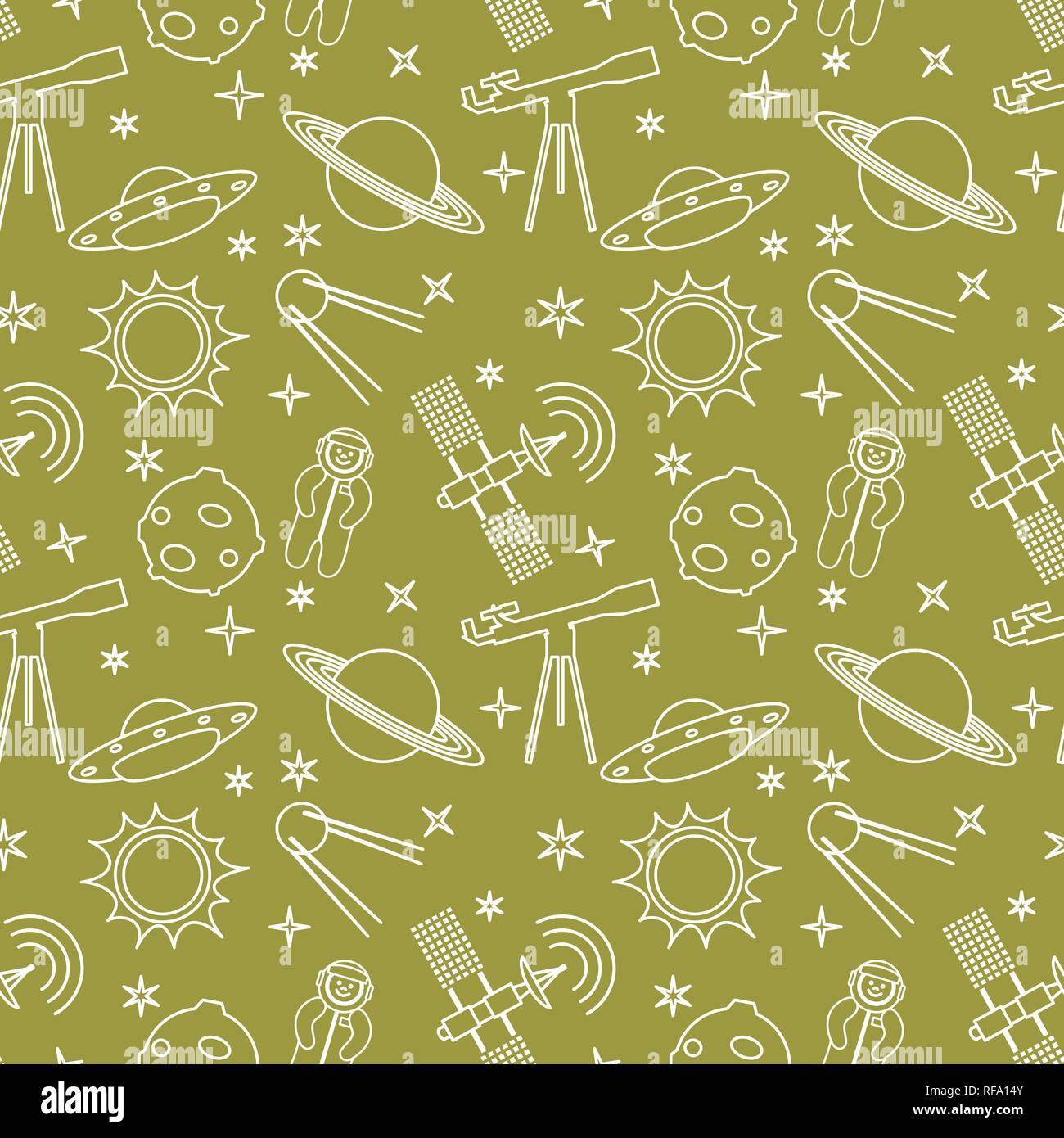 Seamless pattern with telescope, UFO, satellite, planets, astronaut ...