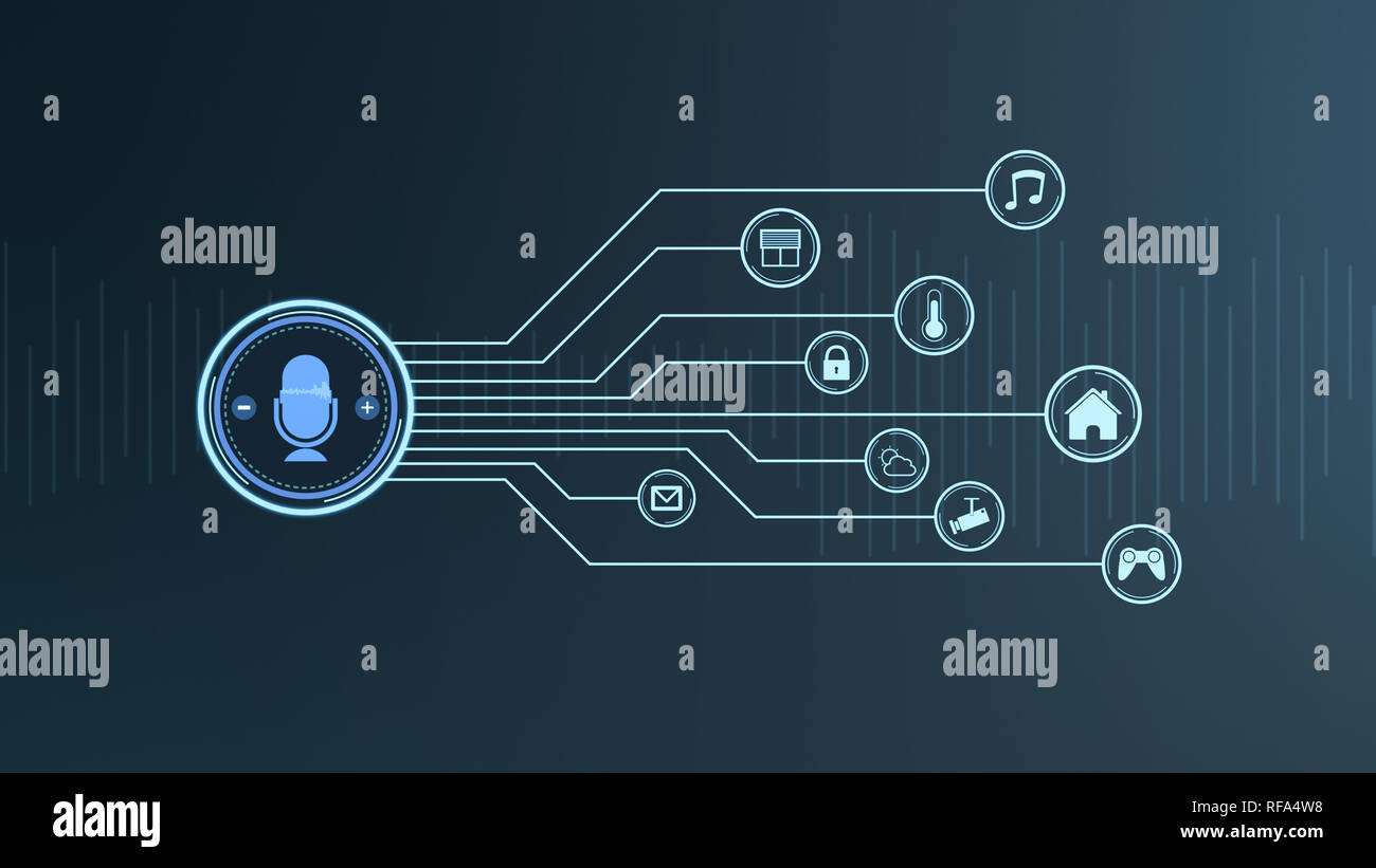front view of a voice assistant device with iot icons, concept of smart home (3d render) Stock Photo