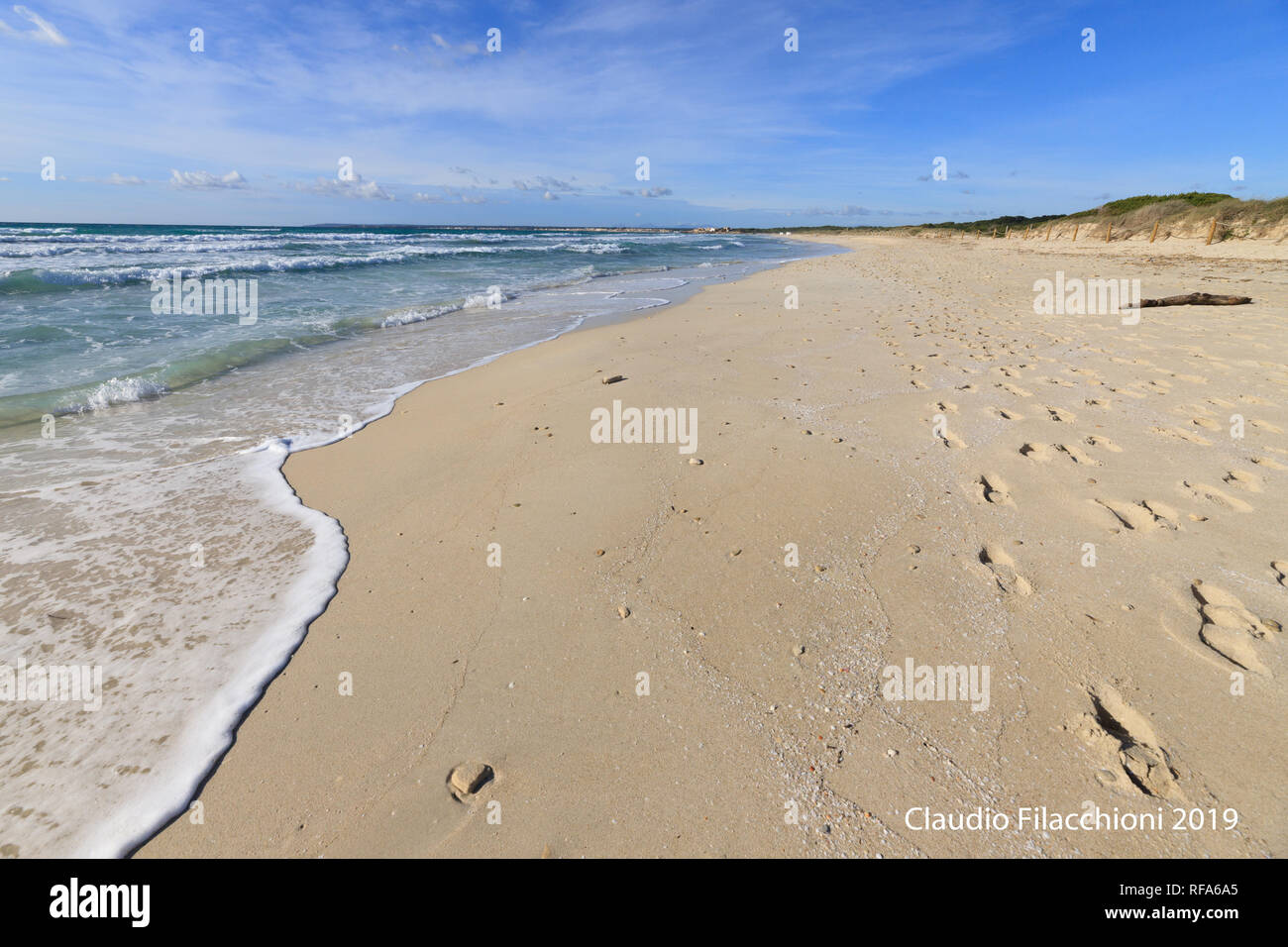 shoreline sandy beach, seascape sea clean Mediterranean Es Trenc Mallorca Spain Stock Photo