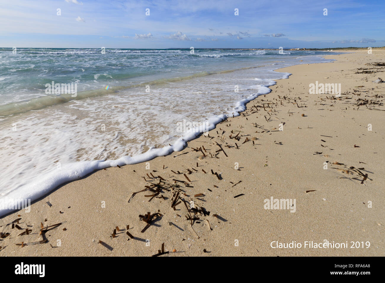 Wave on shoreline sandy beach, seascape sea clean Mediterranean Es Trenc Mallorca Spain Stock Photo