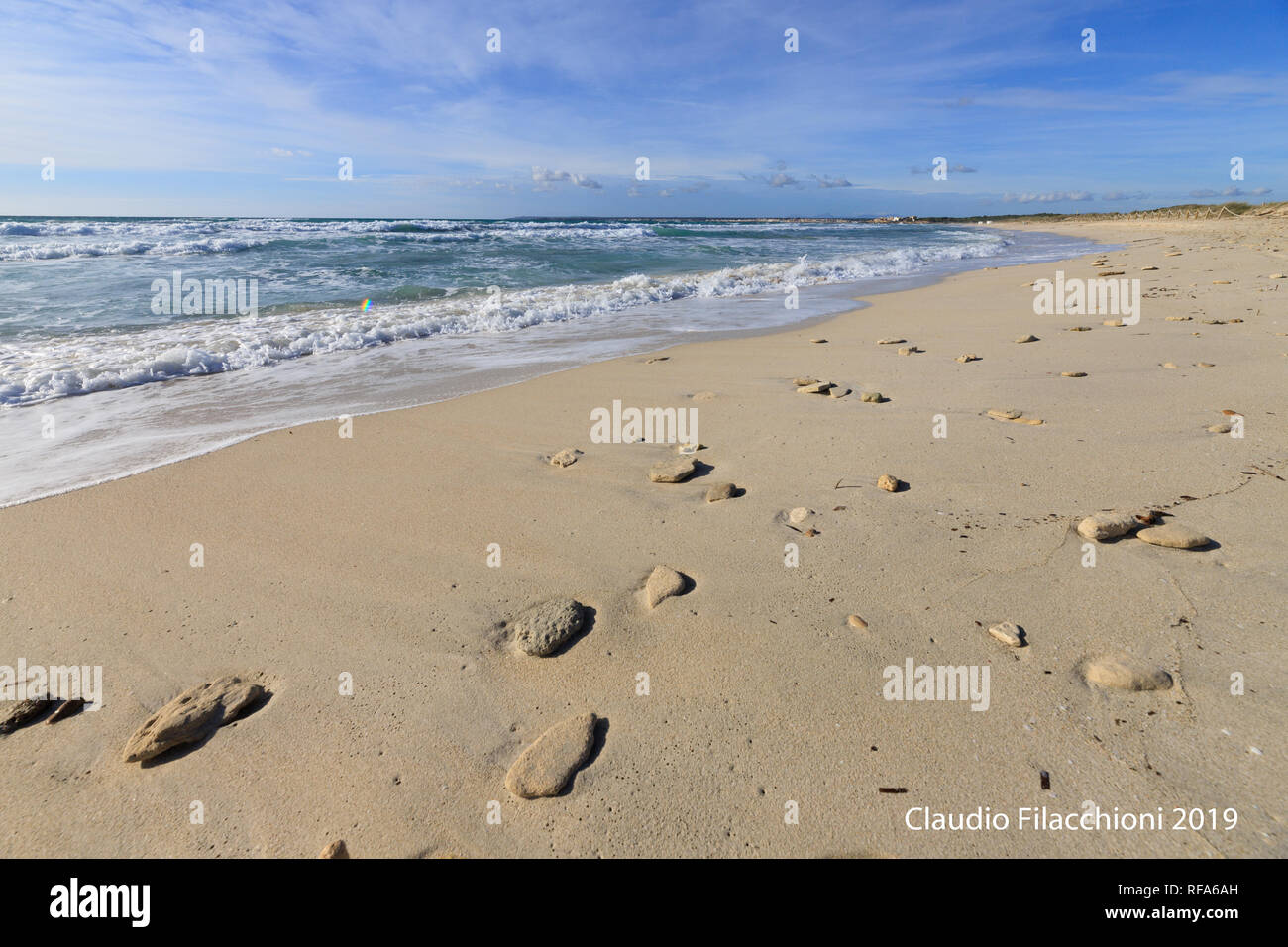 Wave on shoreline sandy beach, seascape sea clean Mediterranean Es Trenc Mallorca Spain Stock Photo