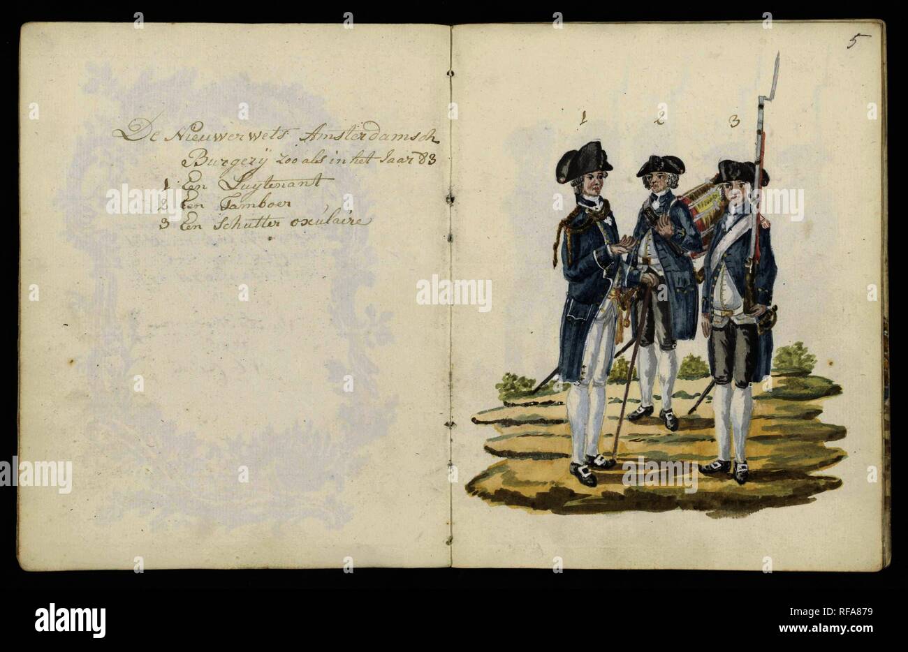 Uniformen van de Amsterdamse schutterij in 1783. De nieuwerwets Amsterdamsch Burgerij zoo als in het Jaar 83 (title on object). Draughtsman: S.G. Casten. Dating: 1795. Place: Amsterdam. Measurements: h 197 mm × w 310 mm. Museum: Rijksmuseum, Amsterdam. Stock Photo