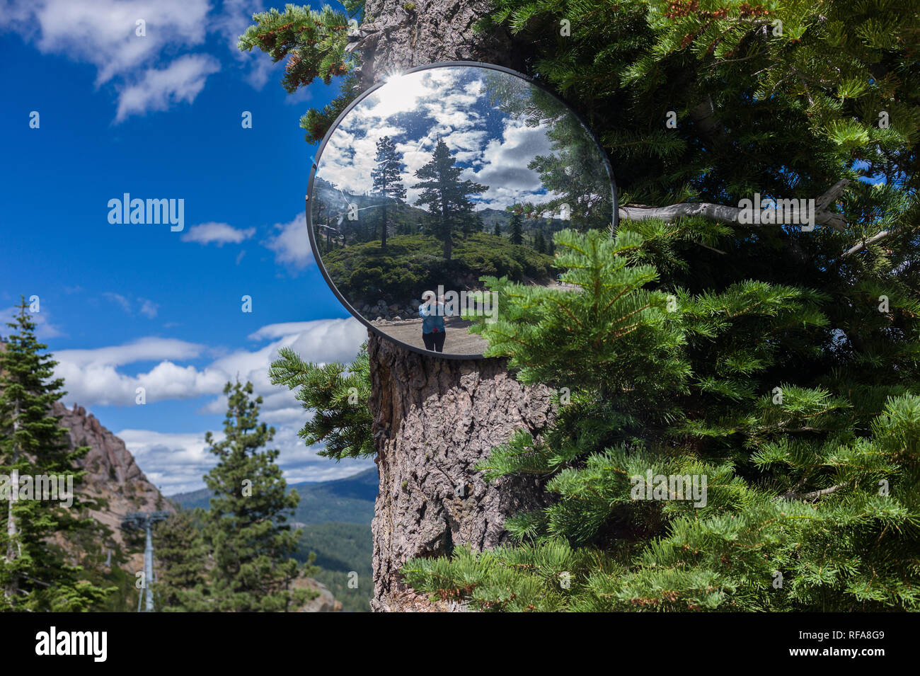 Squaw Valley is a ski resort near Lake Tahoe in Olympic Valley, California that is open for hiking in summer. Stock Photo