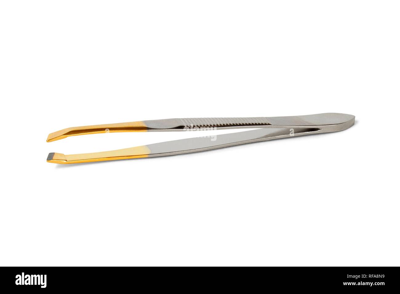 Cosmetic tweezers with gold tips isolated on white background Stock