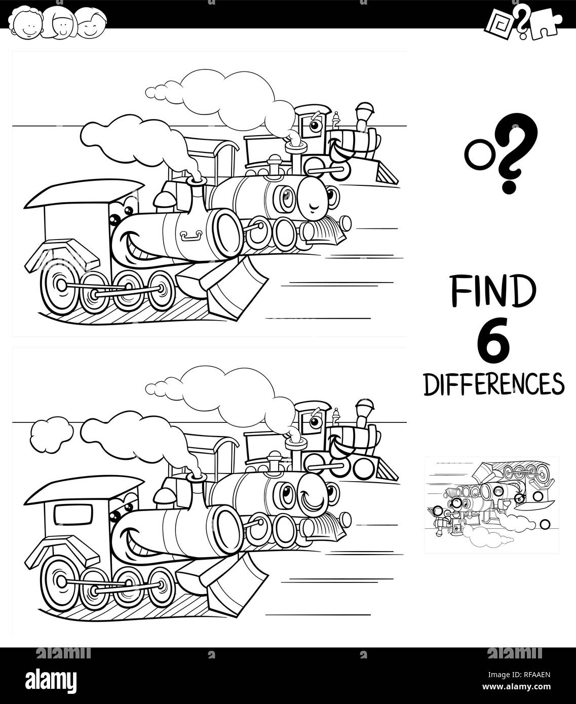 Black and White Cartoon Illustration of Finding Six Differences Between Pictures Educational Game for Children with Funny Locomotives Coloring Book Stock Vector