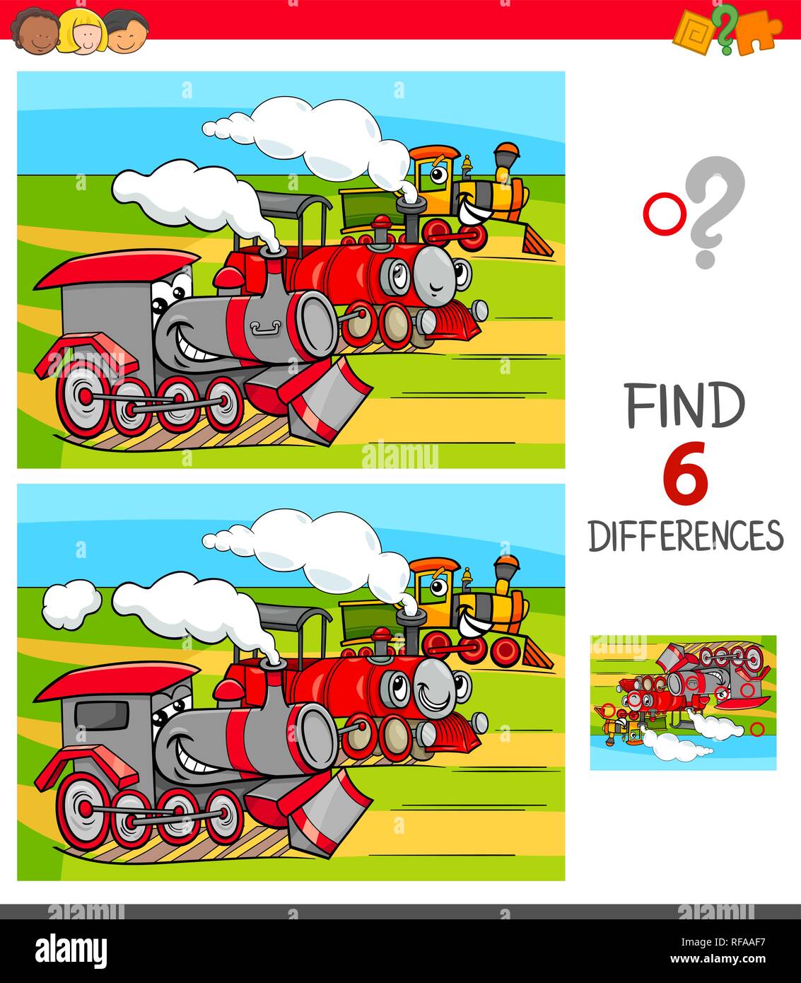 Cartoon Illustration of Finding Six Differences Between Pictures Educational Game for Children with Funny Locomotives Stock Vector
