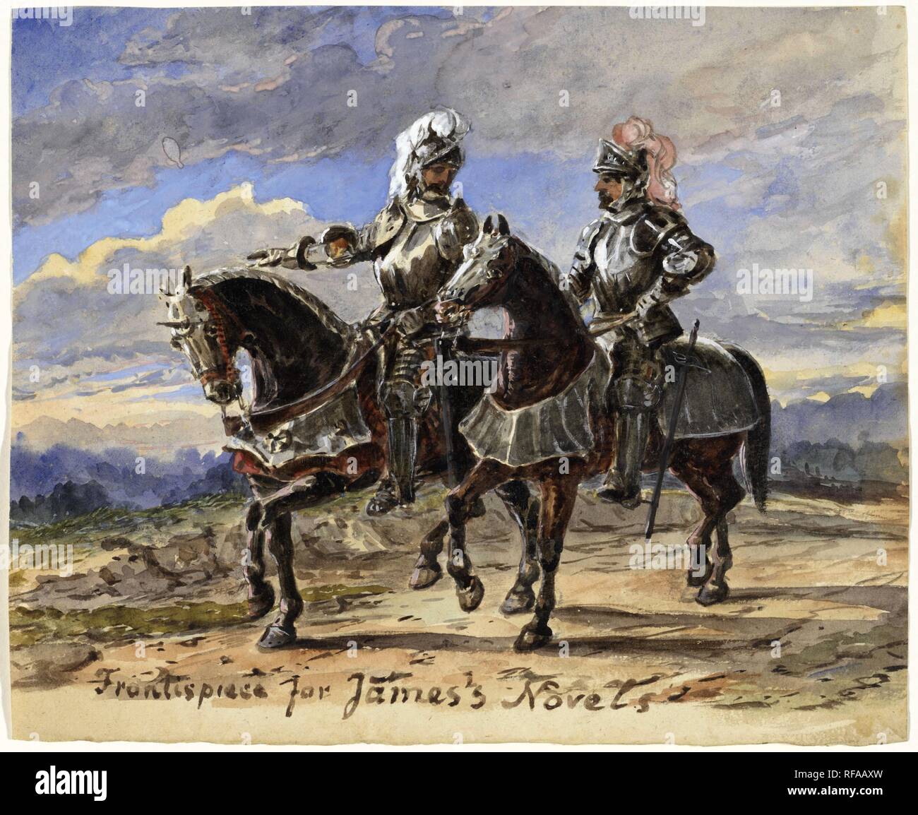 Two knights in armor on horseback fighting a duel with lances in a