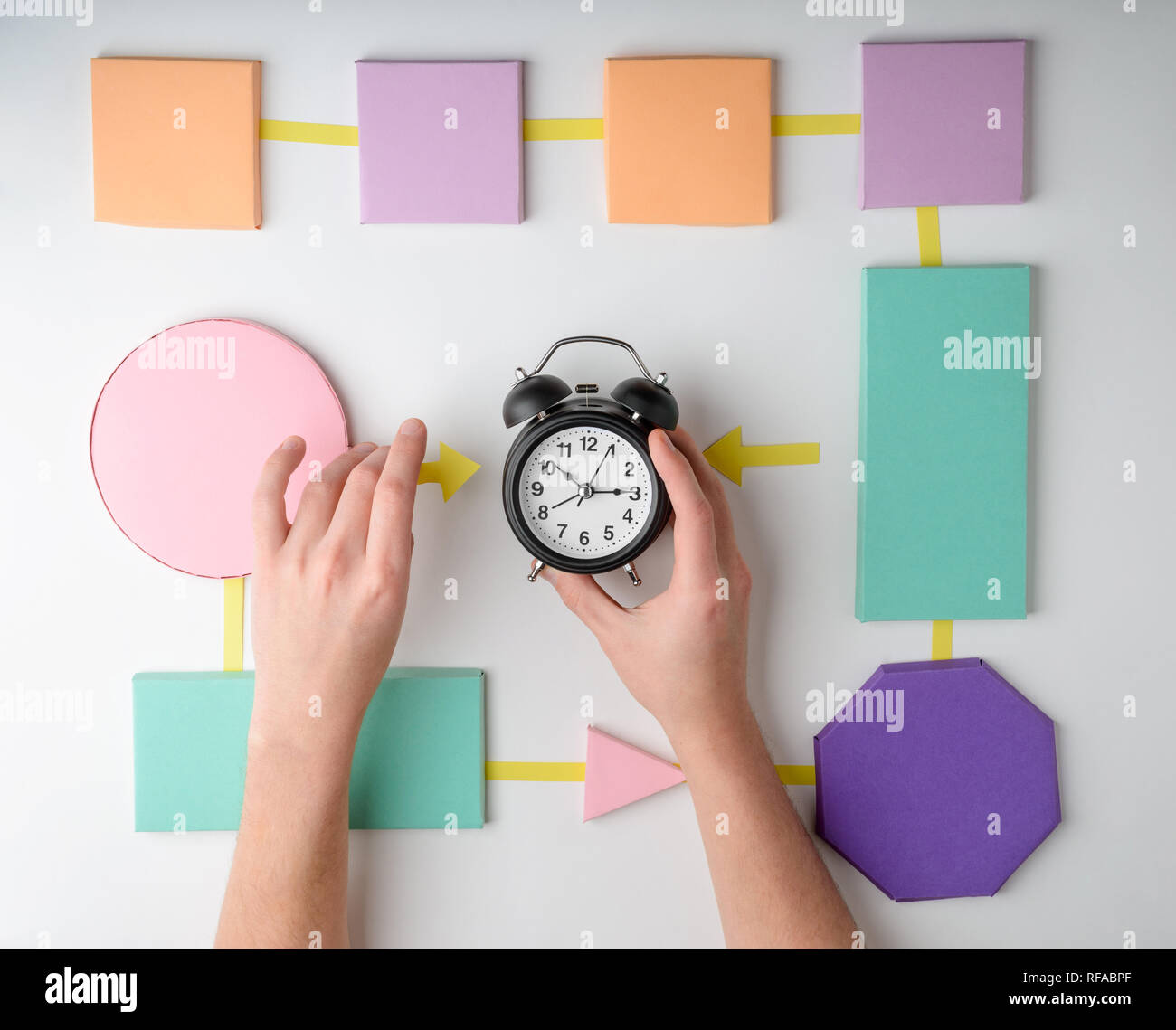 Hand put an alarm clock Stock Photo Alamy