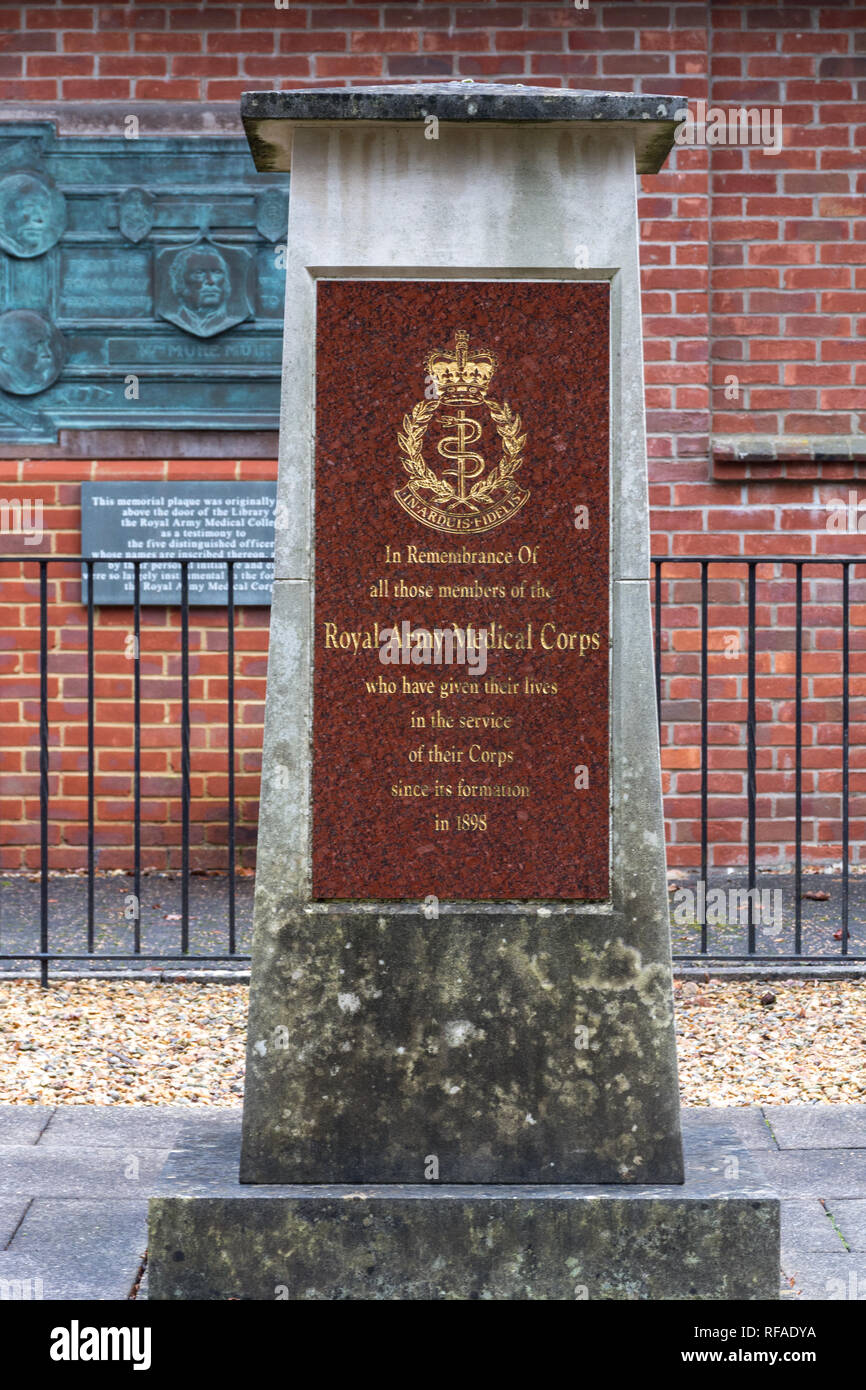 Memorial to the Royal Army Medical Corps dead outside the Museum of Military Medicine, Keogh Barracks, Mytchett, Surrey, UK Stock Photo