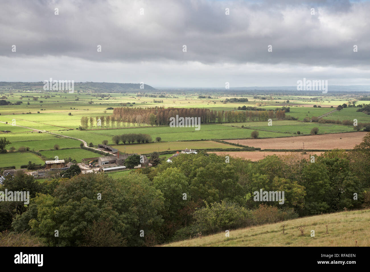 Somerset Levels from Walton Hill in the Poldon Hills Somerset England UK Stock Photo