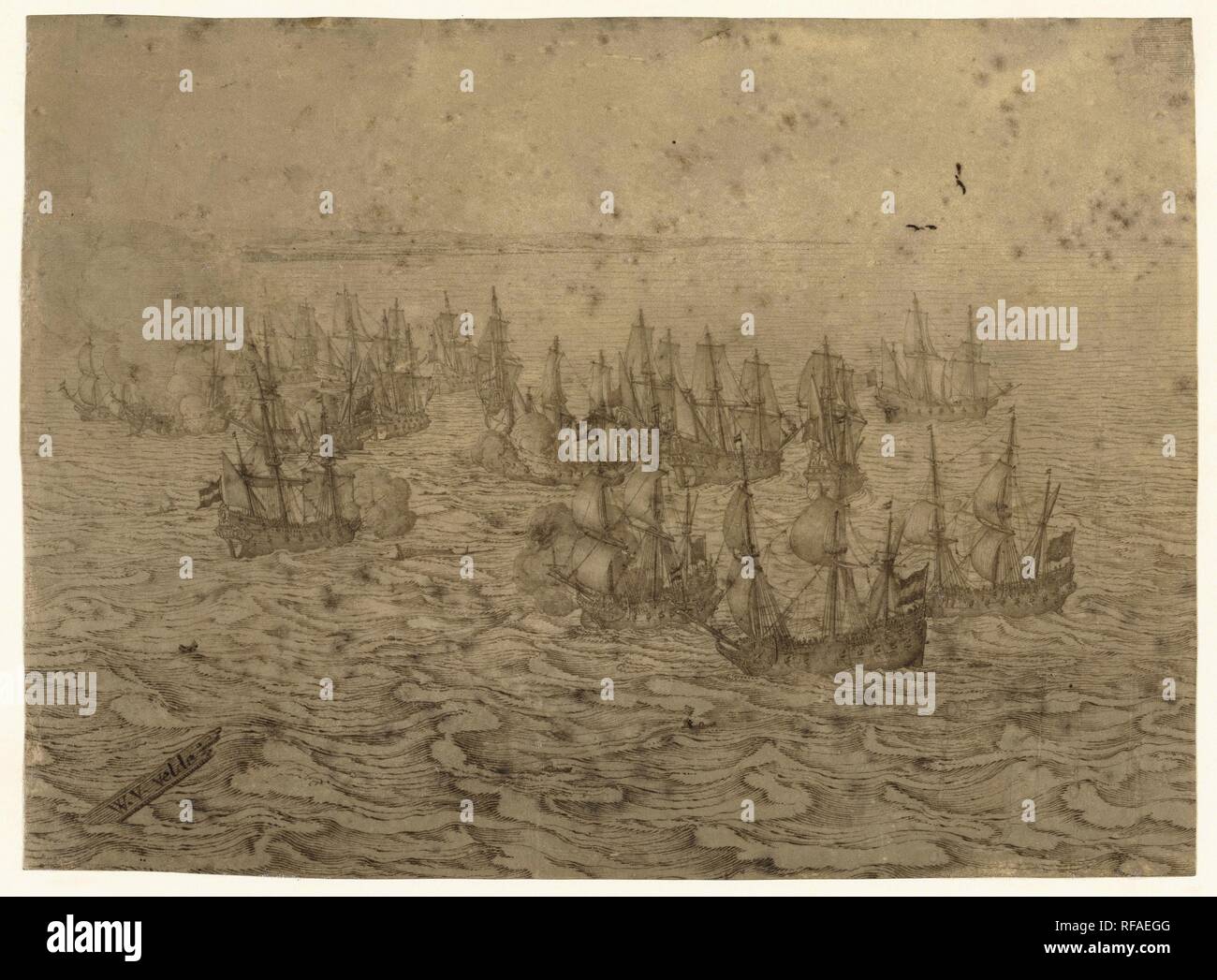 Sea battle off a coast. Draughtsman: Willem van de Velde (I) (possibly). Dating: 1621 - 1693. Measurements: h 191 mm × w 266 mm. Museum: Rijksmuseum, Amsterdam. Stock Photo