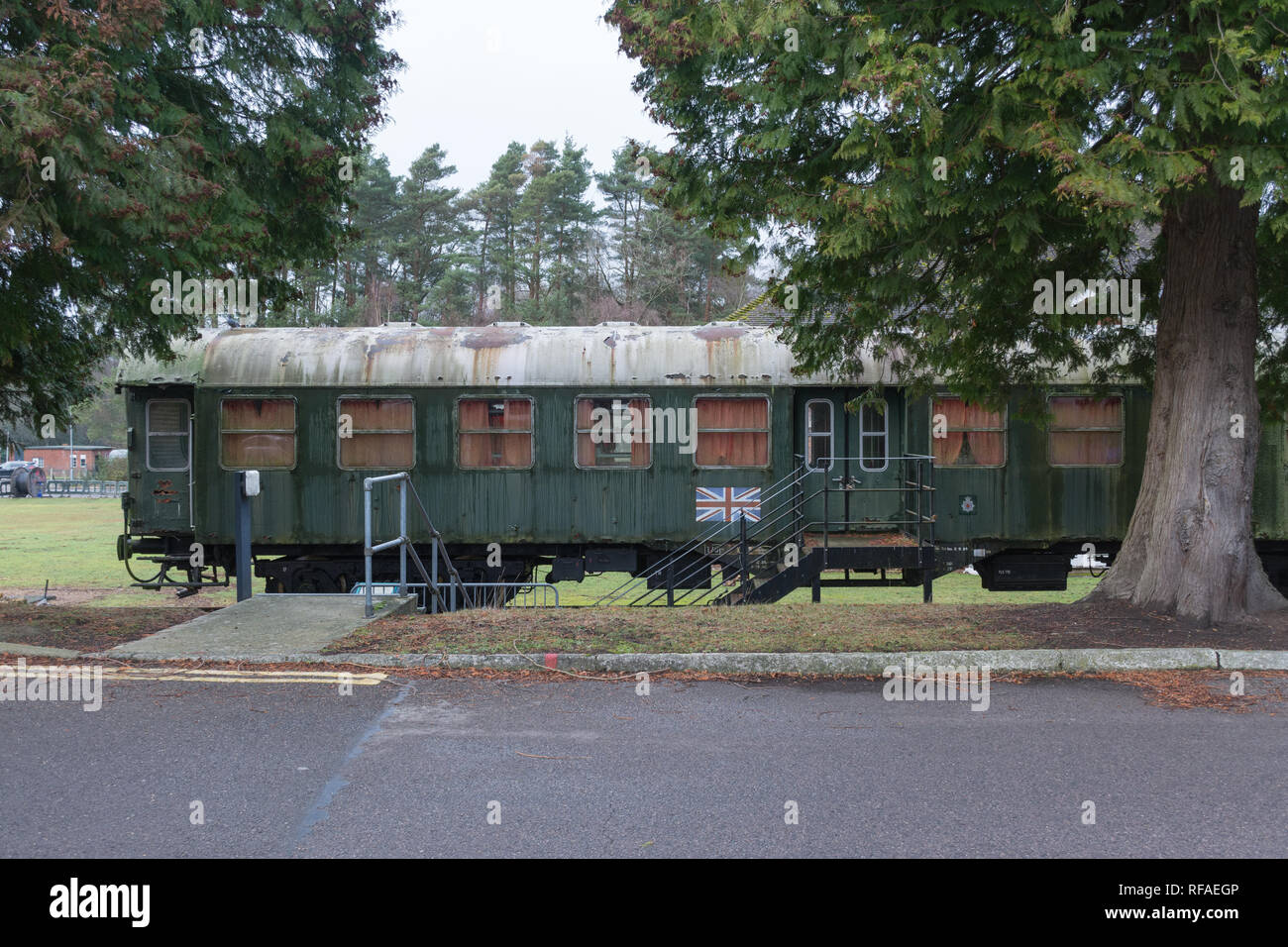 MOD ambulance train carriage outside the Museum of Military Medicine, Keogh Barracks, Mytchett, Surrey, UK Stock Photo
