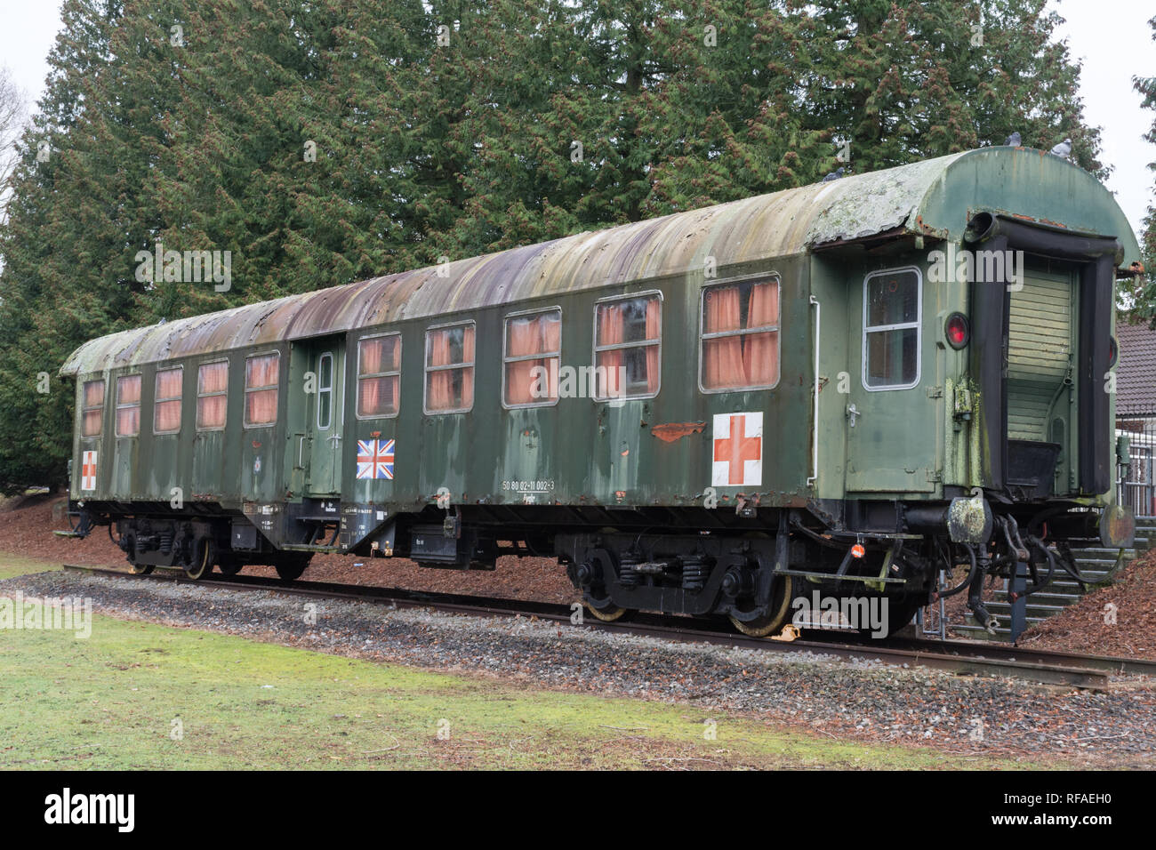 MOD ambulance train carriage outside the Museum of Military Medicine, Keogh Barracks, Mytchett, Surrey, UK Stock Photo