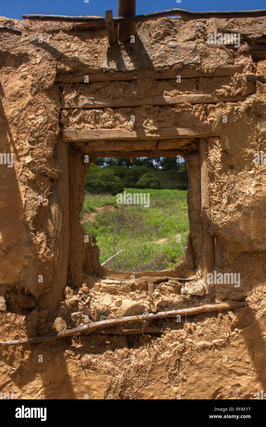 ruined mud house window with tree view Stock Photo