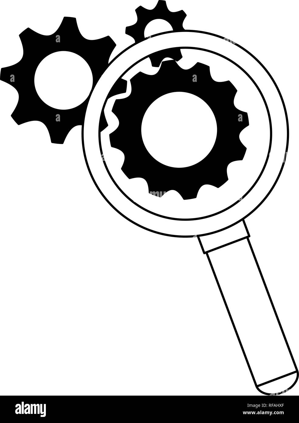 magnifying glass with gears symbol in black and white Stock Vector ...