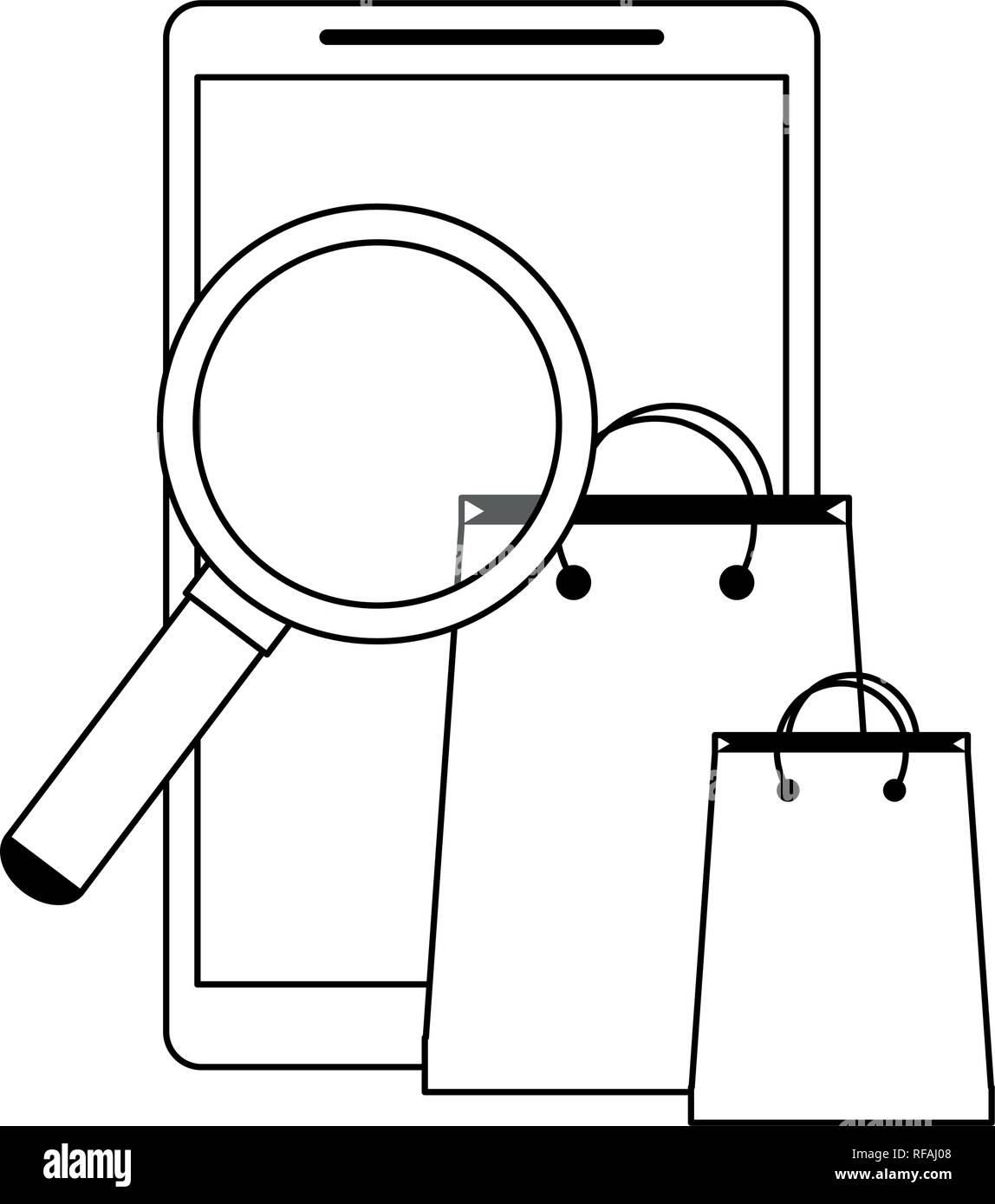 smartphone with magnifying glass and shopping bags in black and white Stock Vector