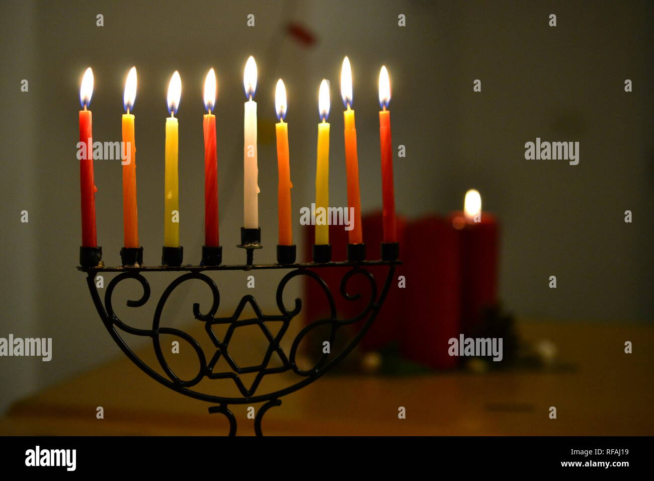 Chanukkiah, eight armed menorah for Chanukka Jewish feast, candle