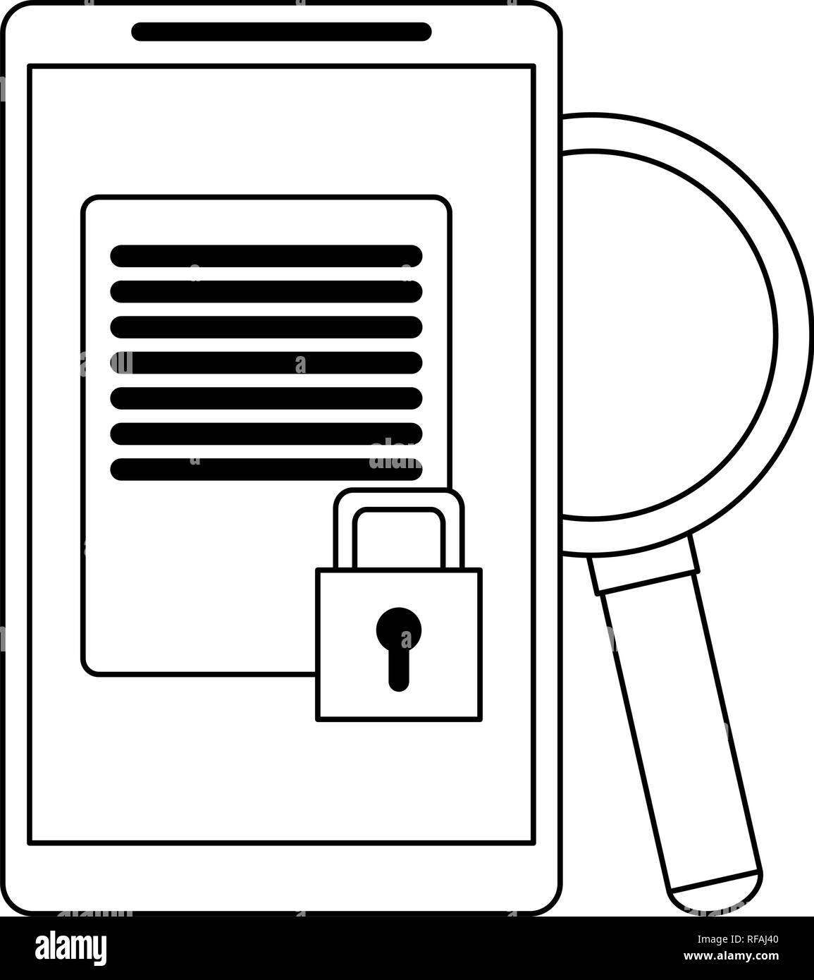 smartphone with secured document and magnifying glass in black and ...
