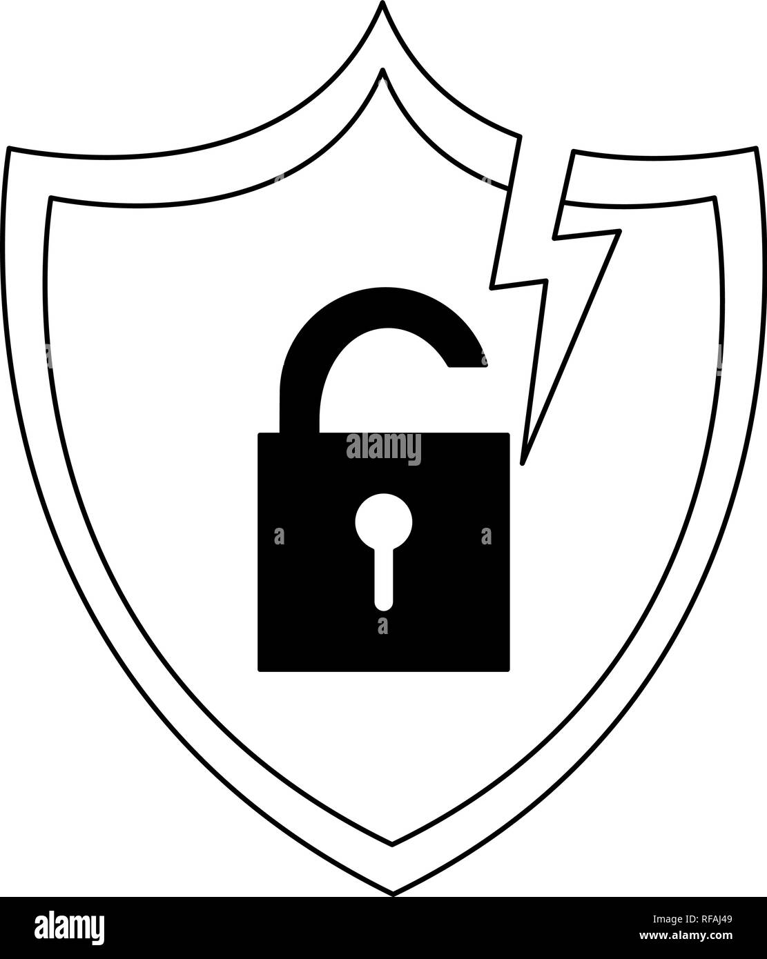 Shield with padlock on badge in black and white Stock Vector Image ...