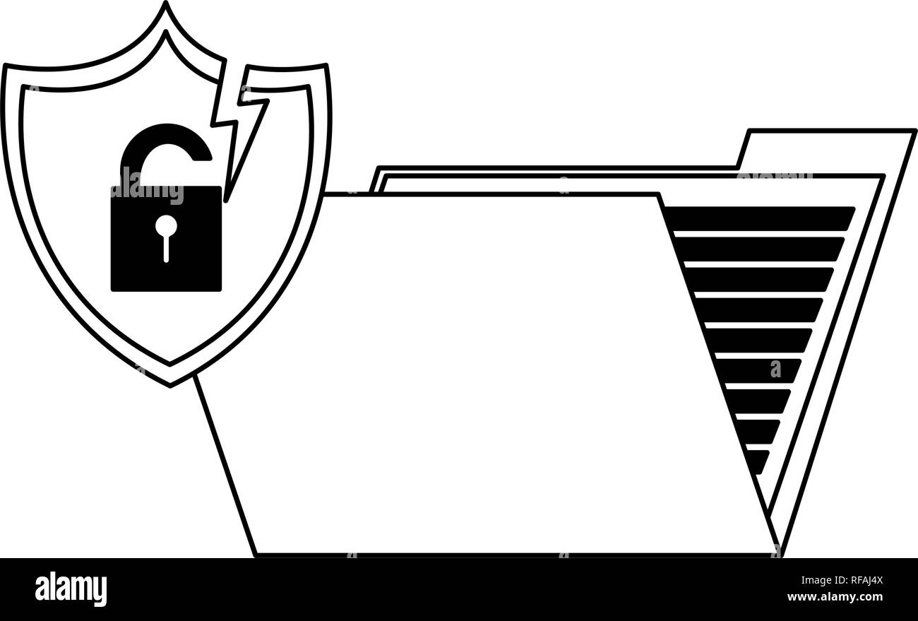 Folder with padlock on shield in black and white Stock Vector Image ...