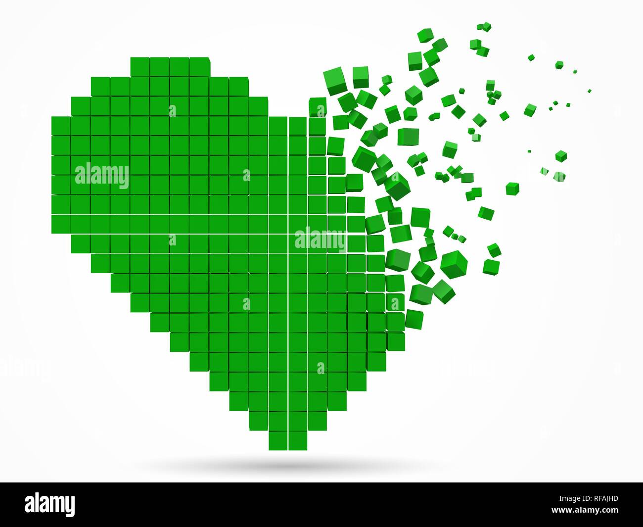 heart shaped, dissolving data block. made with green cubes. 3d pixel style vector illustration. Stock Vector