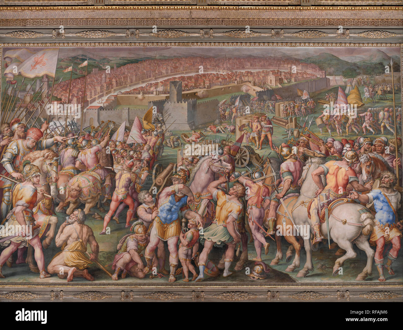 The storming of the fortress of Stampace in Pisa. Date/Period: 1568 - 1571. Painting. Fresco. Height: 760 mm (29.92 in); Width: 1,300 mm (51.18 in). Author: Giorgio Vasari. VASARI, GIORGIO. Stock Photo