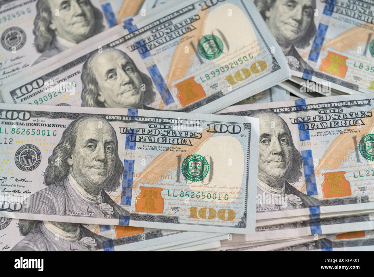 Background texture of American 100 dollar bills in an overhead flat lay full frame view Stock Photo