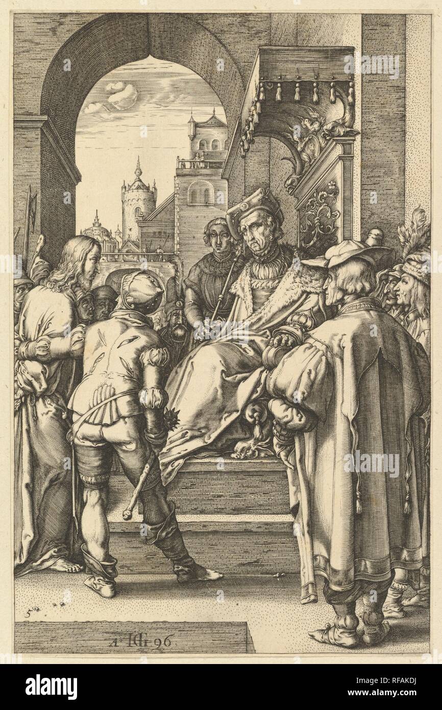Christ before Pilate, from The Passion of Christ. Artist: Hendrick Goltzius (Netherlandish, Mühlbracht 1558-1617 Haarlem). Dimensions: Sheet: 7 13/16 × 5 1/8 in. (19.8 × 13 cm). Date: 1596.  Between 1596 and 1598 Goltzius engraved this series of twelve prints illustrating the Passion of Christ. They reflect the influence of the Netherlandish artist Lucas van Leyden, in both the figure types and the actual engraving technique. In contrast to his normal graphic style, which was characterized by a dramatic line that swells and tapers around the figures and background, here Goltzius uses thin even Stock Photo