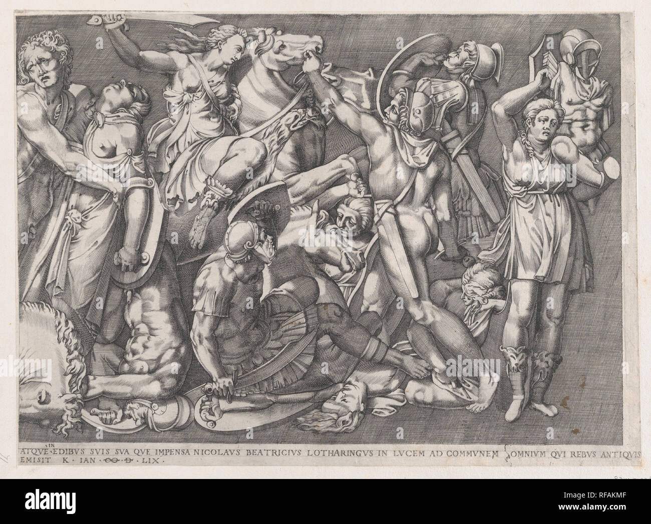 Speculum Romanae Magnificentiae: Battle of the Amazons. Artist: Nicolas Beatrizet (French, Lunéville 1515-ca. 1566 Rome (?)). Dimensions: sheet: 14 15/16 x 19 11/16 in. (38 x 50 cm)  plate: 12 3/16 x 16 9/16 in. (31 x 42 cm). Publisher: Nicolas Beatrizet (French, Lunéville 1515-ca. 1566 Rome (?)). Series/Portfolio: Speculum Romanae Magnificentiae. Date: 1559.  This print comes from the museum's copy of the Speculum Romanae Magnificentiae (The Mirror of Roman Magnificence) The Speculum found its origin in the publishing endeavors of Antonio Salamanca and Antonio Lafreri. During their Roman publ Stock Photo