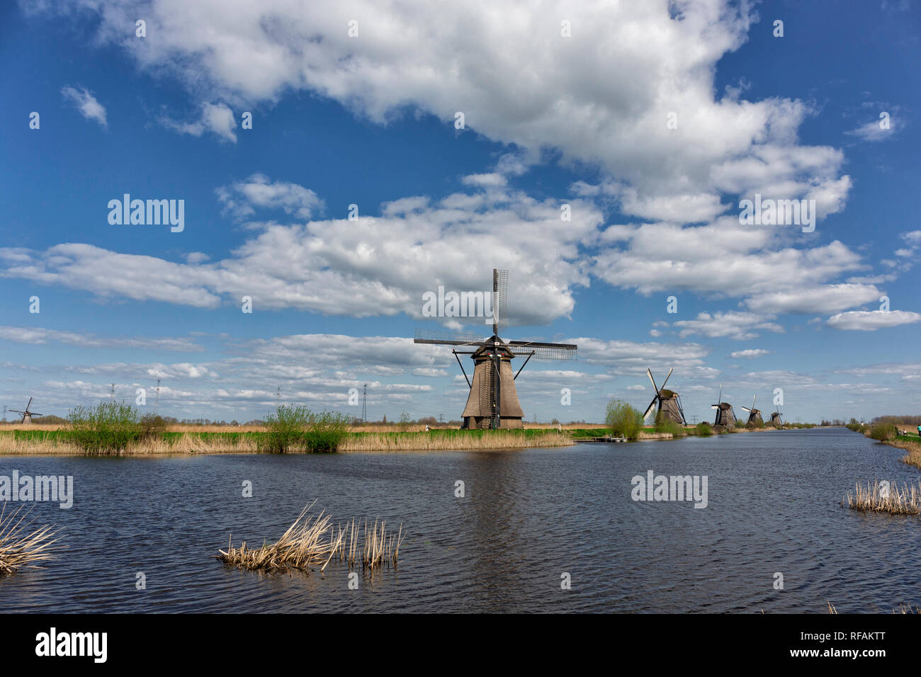 Historic Dutch windmills on the polders in Kinderdijk, South Holland, Netherlands, UNESCO World Heritage Site, The Netherlands Stock Photo