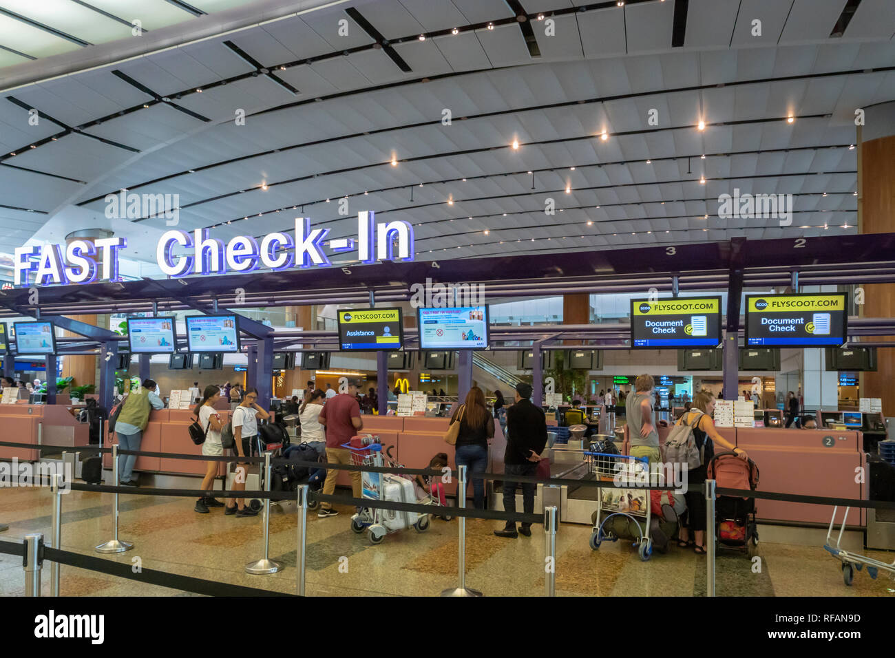 Singapore - January 2019: Scoot airline check-in counter in Singapore  Changi Airport. Scoot is a Singaporean low-cost airline Stock Photo - Alamy