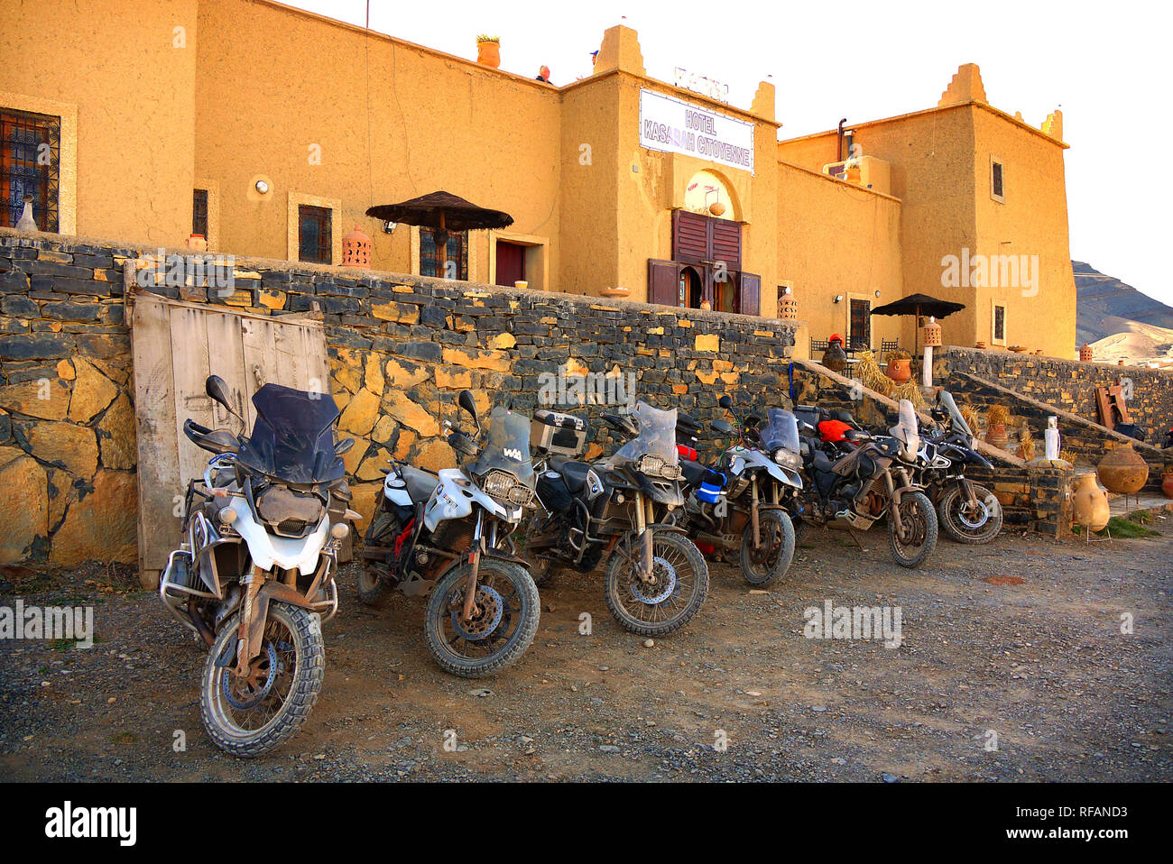 Motorcycle touring in the High Atlas mountains in Morocco. Kasbah Cityonne, Agoudal. Stock Photo