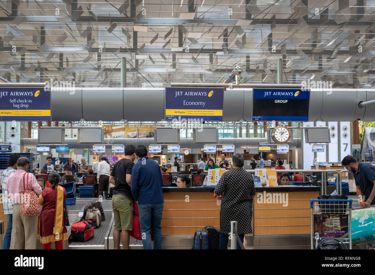 Singapore - January 2019: Jet Airways check-in counter in Singapore Changi Airport. Jet Airways is a major Indian international airline Stock Photo
