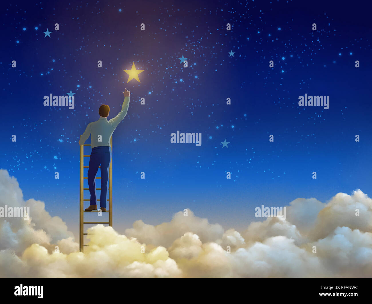 Man climbing a ladder over the clouds and reaching for the stars. Digital illustration. Stock Photo