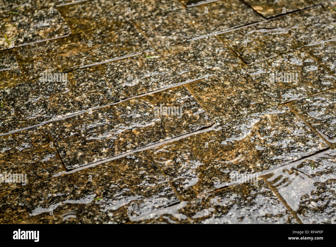 Miracema granite pavement wet by the rain. Florianopolis, Santa Catarina, Brazil. Stock Photo