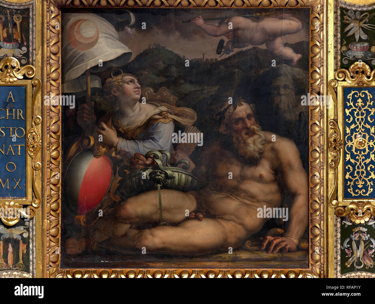 Allegory of Fiesole. Date/Period: 1563 - 1565. Oil painting on wood. Height: 250 mm (9.84 in); Width: 250 mm (9.84 in). Author: Giorgio Vasari. VASARI, GIORGIO. Stock Photo
