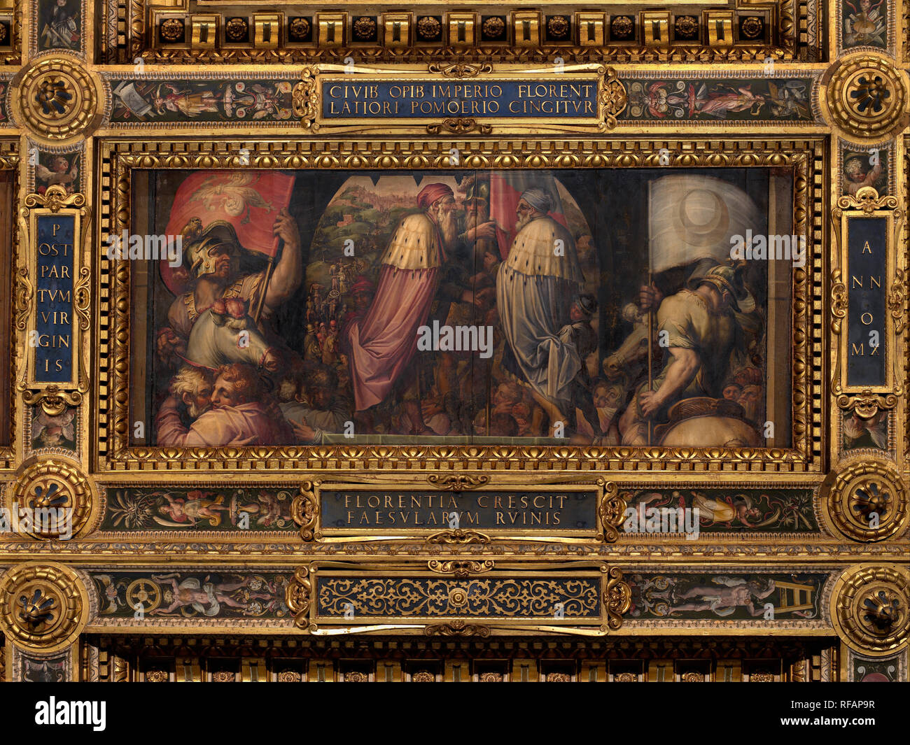 Union of Florence and Fiesole. Date/Period: 1563 - 1565. Oil painting on wood. Height: 250 mm (9.84 in); Width: 540 mm (21.25 in). Author: Giorgio Vasari. VASARI, GIORGIO. Stock Photo