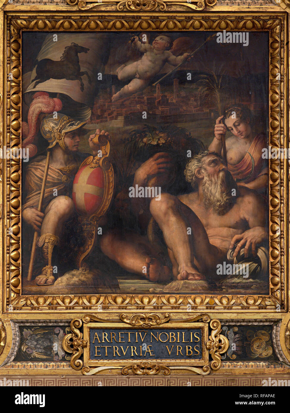 Allegory of Arezzo. Date/Period: 1563 - 1565. Oil painting on wood. Height: 250 mm (9.84 in); Width: 250 mm (9.84 in). Author: Giorgio Vasari. VASARI, GIORGIO. Stock Photo
