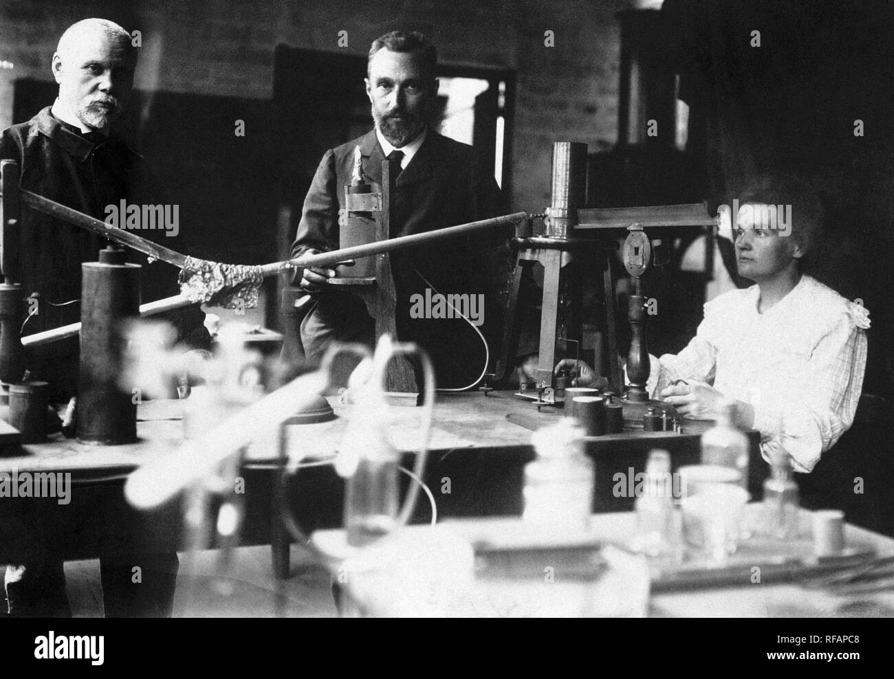 In the laboratory of Mr. and Mme. Curie while taking a measurement of radioactivity. Stock Photo