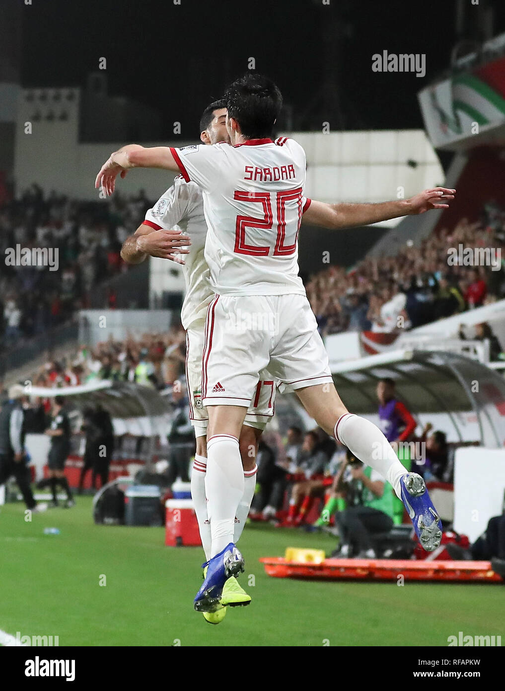 Abu Dhabi, United Arab Emirates. 24th Jan, 2019. Mehdi Taremi (L) of Iran celebrates with teammate Sardar Azmoun for their goal during the 2019 AFC Asian Cup quarterfinal match between China and Iran in Abu Dhabi, the United Arab Emirates, on Jan. 24, 2019. Credit: Cao Can/Xinhua/Alamy Live News Stock Photo