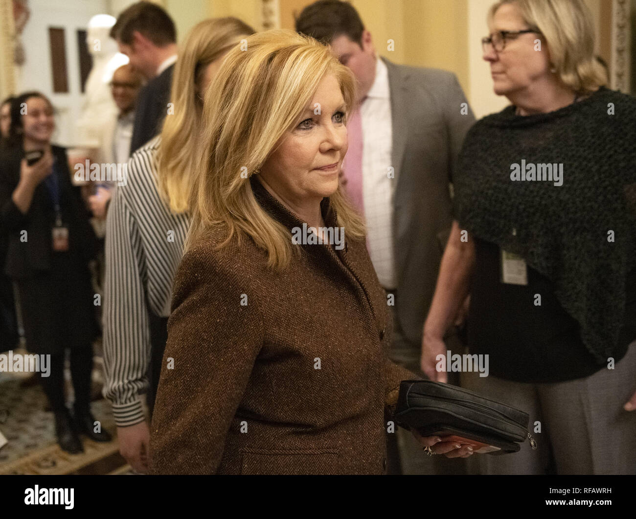 Washington, District of Columbia, USA. 24th Jan, 2019. United States Senator Marsha Blackburn (Republican of Tennessee) walks to the US Senate Chamber to cast two votes on legislation to reopen the government in the US Capitol in Washington, DC on Thursday, January 24, 2019. Both proposals were voted upon and both failed to get enough votes to pass Credit: Ron Sachs/CNP/ZUMA Wire/Alamy Live News Stock Photo