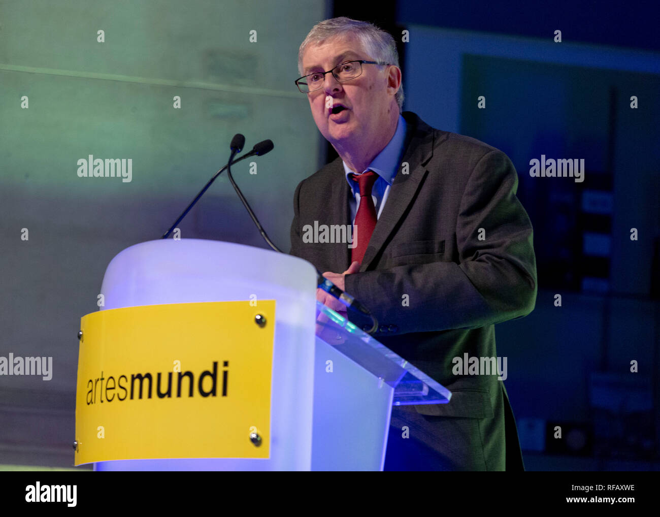 CARDIFF, UK. Mark Drakeford speaking at the 8th Artes Mundi Awards Ceremony, an internationally-focused organisation and the UK's largest contemporary art prize and exhibition, taking place every 2 years at National Museum Cardiff. Credit: Matthew Lofthouse/Alamy Live News. 24/01/2019. Stock Photo