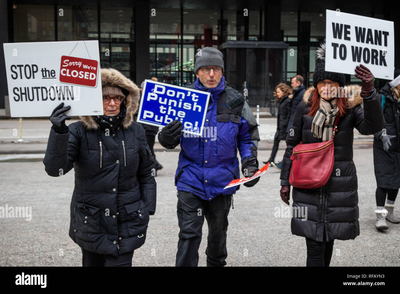 Chicago, Illinois, USA. 24th January, 2019. For the third time in just over two weeks furloughed government workers gathered at noon under the Calder Flamingo in Chicago' s frigid Federal Plaza and demanded that congress and President Trump put an end to the government shut down. While a light snow began to fall, and after listening to speeches of support from union leaders representing the AFGE, the NTEU and other concerned organizations, the effected workers marched around the plaza with their signs. Credit: Matthew Kaplan/Alamy Live News Stock Photo