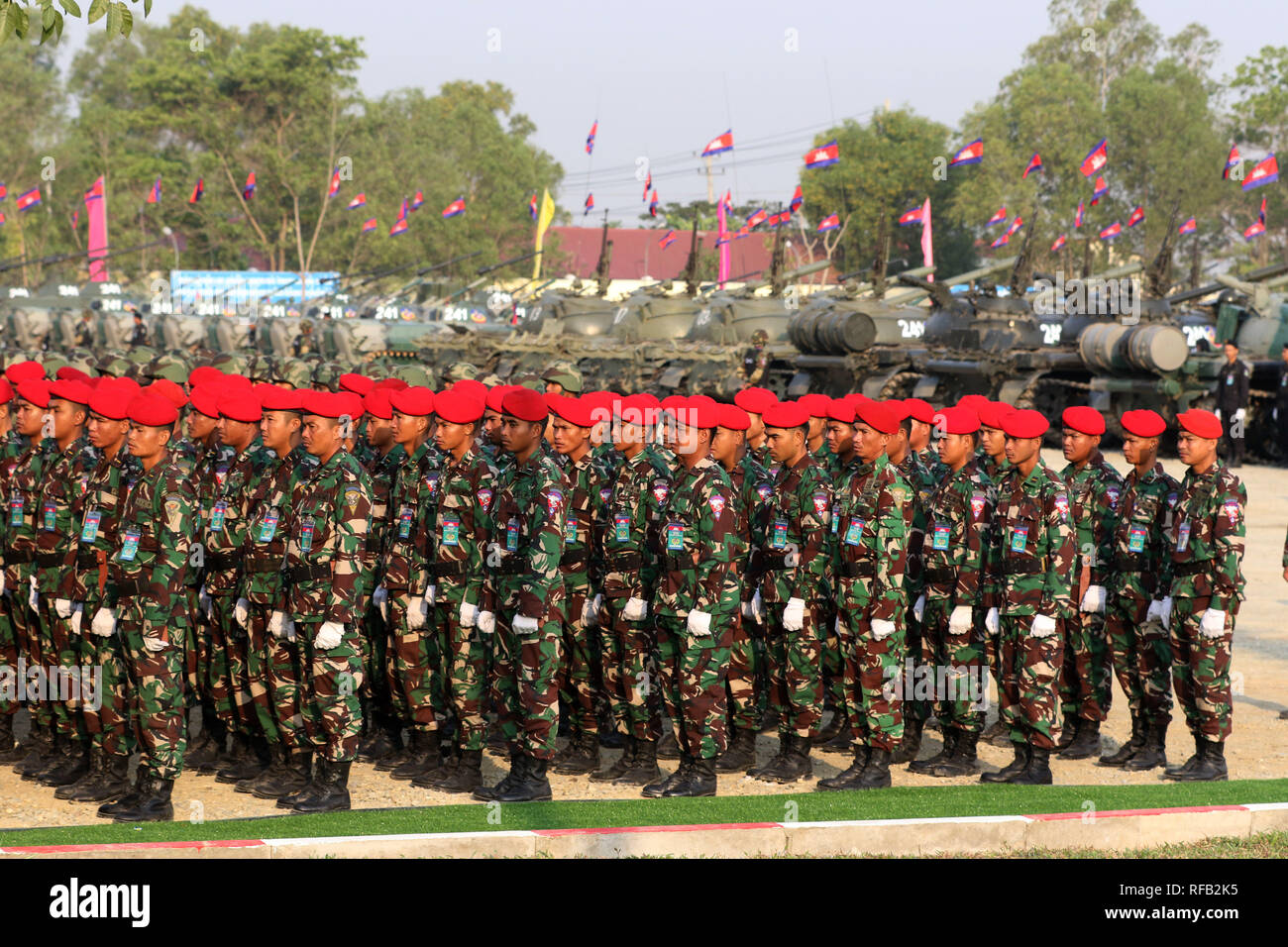 Phnom Penh. 24th Jan, 2019. Cambodian troops stand in line during a