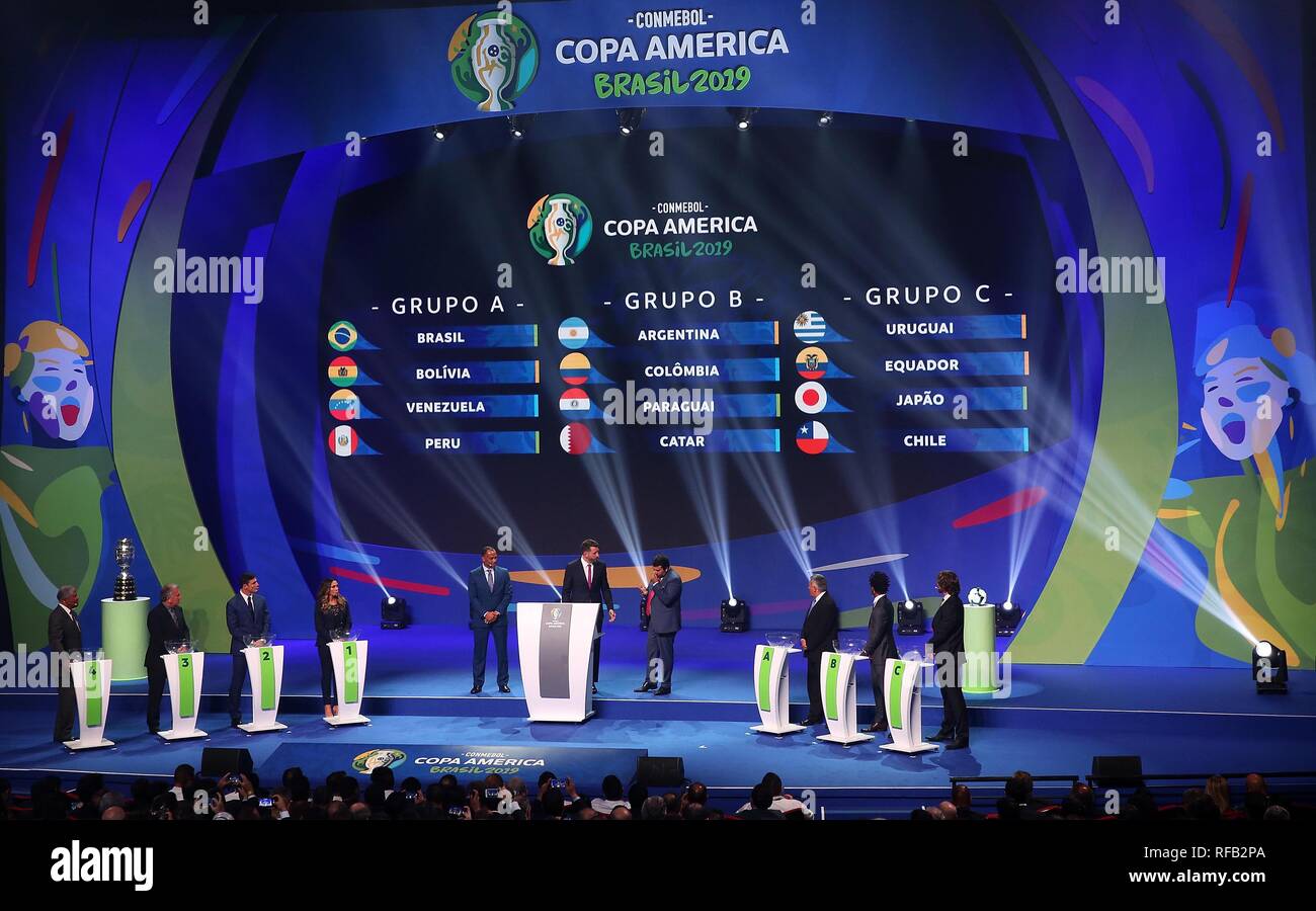 Beijing, China. 24th Jan, 2019. Photo taken on Jan. 24, 2019 shows the draw result of the CONMEBOL Copa America 2019 in Rio de Janeiro, Brazil. The draw result was Brazil, Bolivia, Venezuela and Peru in Group A, Argentina, Colombia, Paraguay and Qatar in Group B, Uruguay, Ecuador, Japan and Chile in Group C. The tournament will be held from June 14 to July 7 in five cities in Brazil. Credit: Li Ming/Xinhua/Alamy Live News Stock Photo
