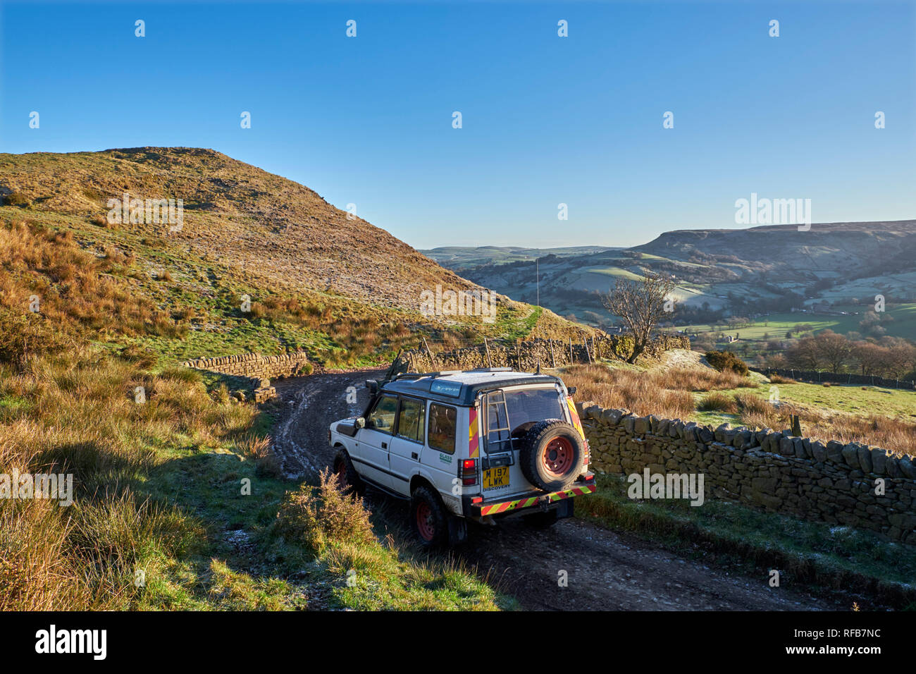 Land Rover on a Green Lane near Chapel-en-le-Frith. Peak District National Park, Derbyshire, England. Stock Photo