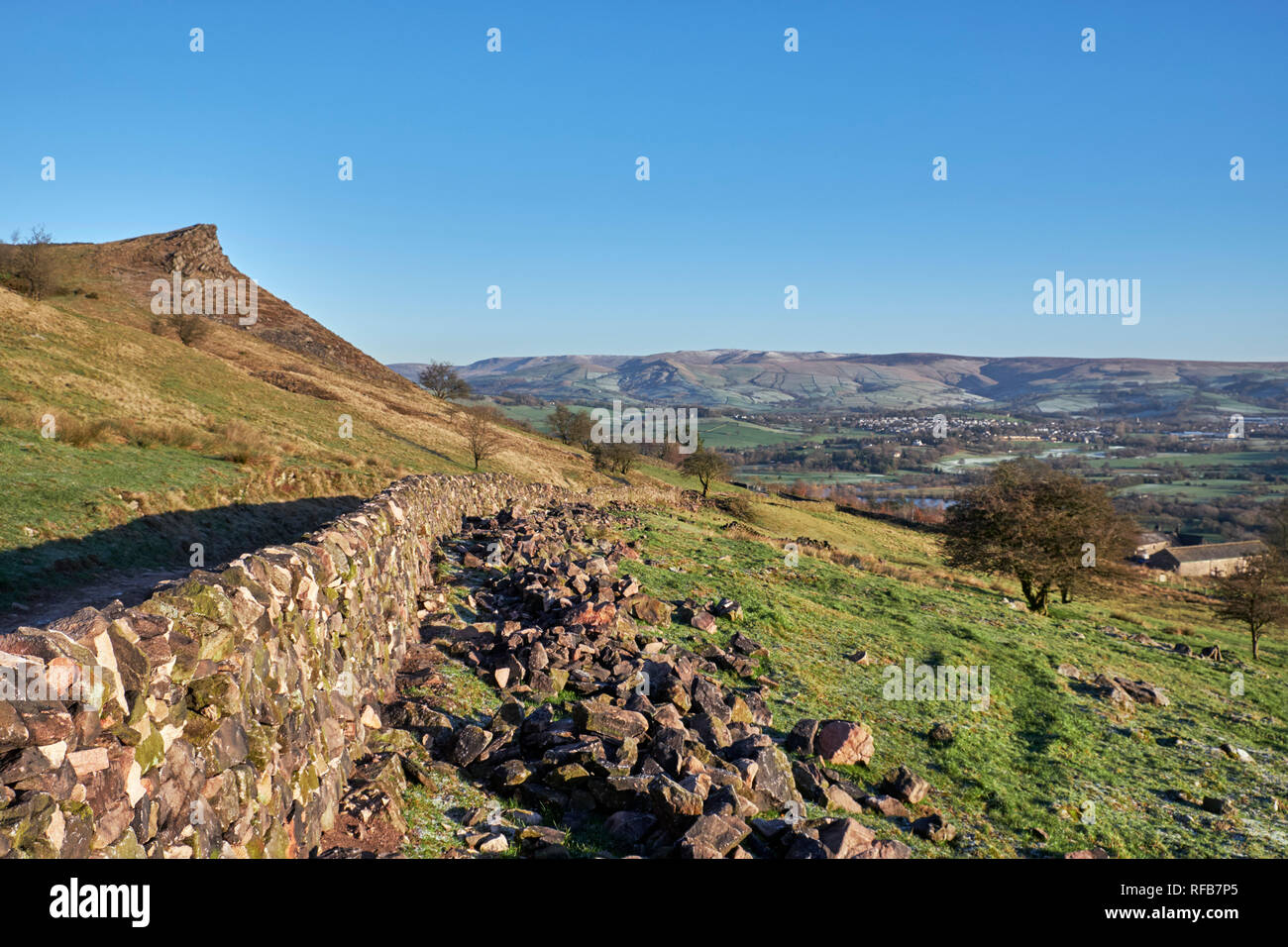 Drystone wall on moors above Chapel-en-le-Frith. Peak District National Park, Derbyshire, England. Stock Photo