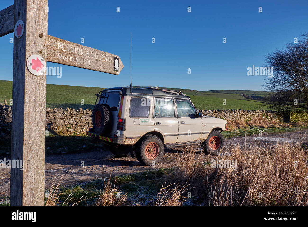 Land Rover on a Green Lane near Peak Forest. Peak District National Park, Derbyshire, England. Stock Photo
