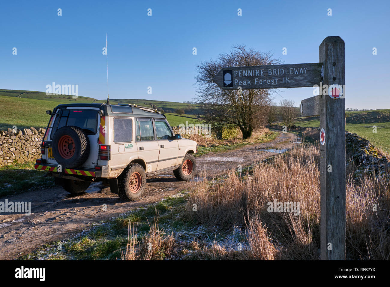 Land Rover on a Green Lane near Peak Forest. Peak District National Park, Derbyshire, England. Stock Photo